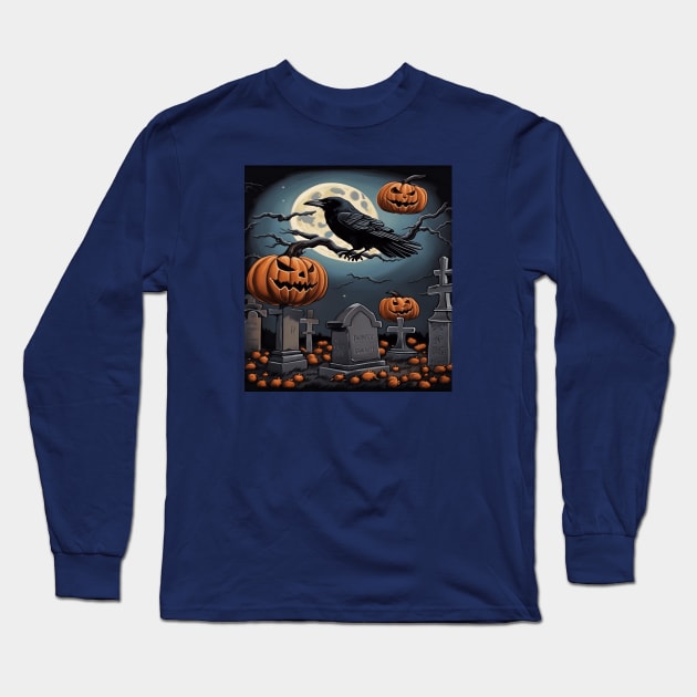 Halloween Graveyard Friends Fun Spooky Season Art Long Sleeve T-Shirt by taiche